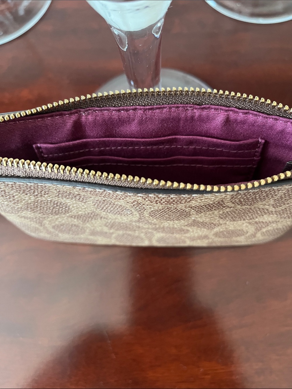 Coach Brown Signature Canvas Wristlet with Pink Center Stripe - Picture 3 of 3
